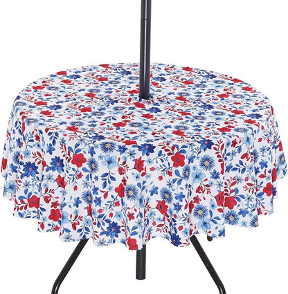 SquarePie 4th of July Outdoor Tablecloth with Umbrella Hole Round - 60 Inch Waterproof Zipper Patriotic Red Blue Flowers Table Cover for Spring Summer Garden Party Picnic