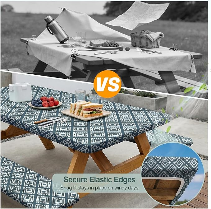 Picnic Table Cover Bench Covers Camping Essentials Tablecloth | Waterproof Vinyl for Outdoor, Windproof Elastic Fitted Edges, RV BBQ Accessories Must Haves, Storage Bag Included