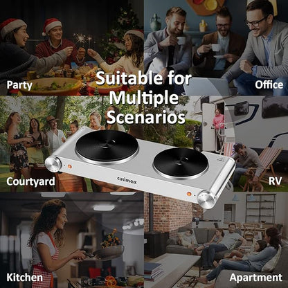 CUSIMAX Hot Plate, Electric Double Burner, 1800W Cast Iron Countertop Cooktop, Portable for Cooking, Compatible for All Cookwares, Easy Clean, Upgraded Version