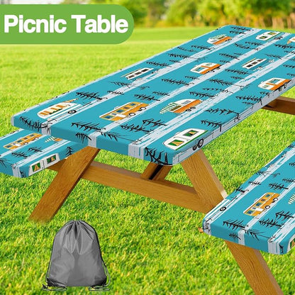 JAWO Picnic Table Cover with Bench Covers, Camper Camping RV Essentials Gear Supplies Outdoor Waterproof Windproof Tablecloth with Elastic, 96in