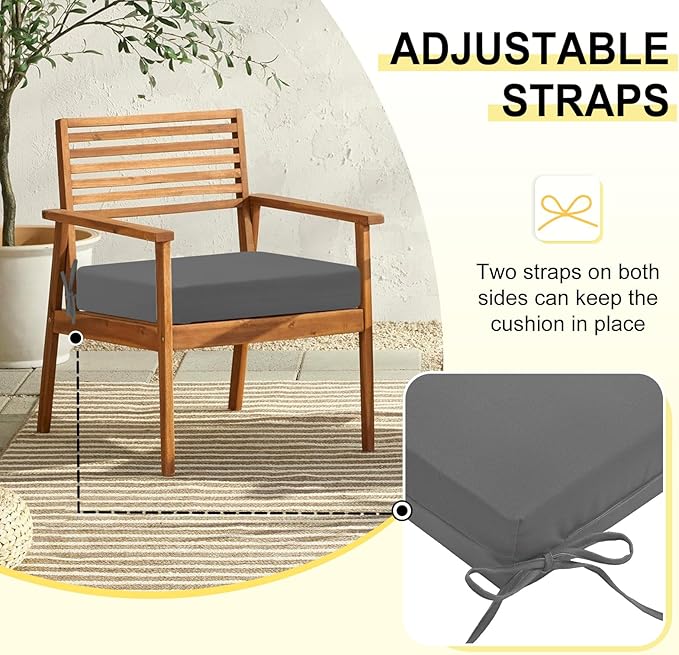 downluxe Outdoor Chair Cushions Set of 4 for Patio Furniture, Water-Resistant Square Corner Patio Chair Cushions with Ties, High Density Foam Outdoor Seat Cushion, 18.5" X 16" X 3", Dark Grey