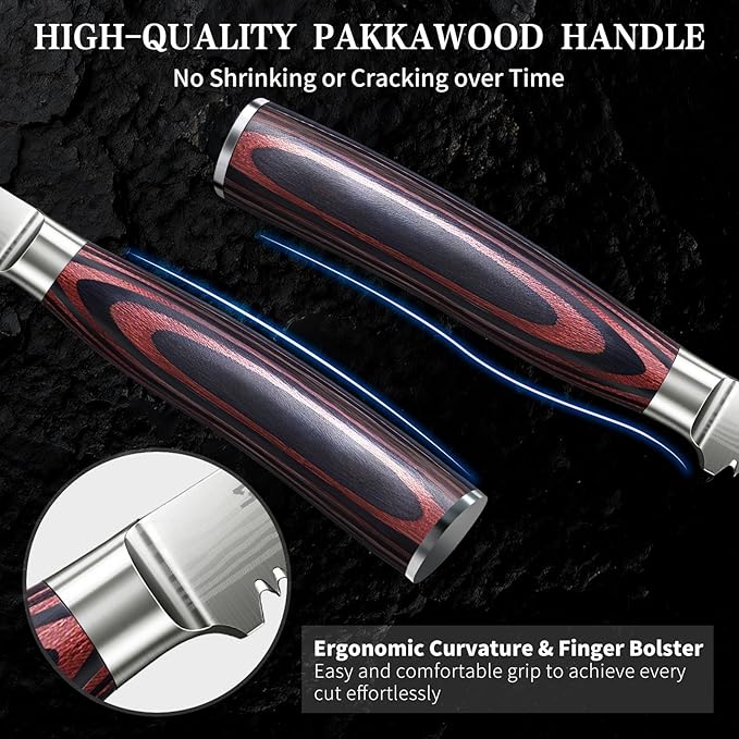 DiiHAUZZ Steak Knives Set of 6, Serrated Steak Knife Set 4.5 Inch, Ultra Sharp Forged High Carbon Stainless Steel Dinner Knife with Ergonomic Pakkawood Handle, Damascus Pattern and Gift Box