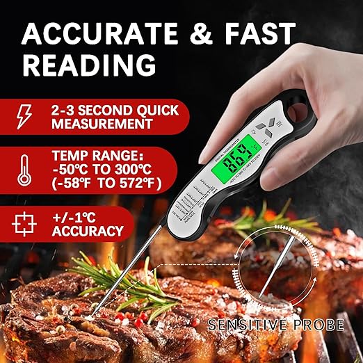 Meat Thermometer Digital，IP67 Waterproof Cooking Thermometer with Backlight, Calibration & Hold Function，Food Thermometer for Cooking,Outdoor Grilling