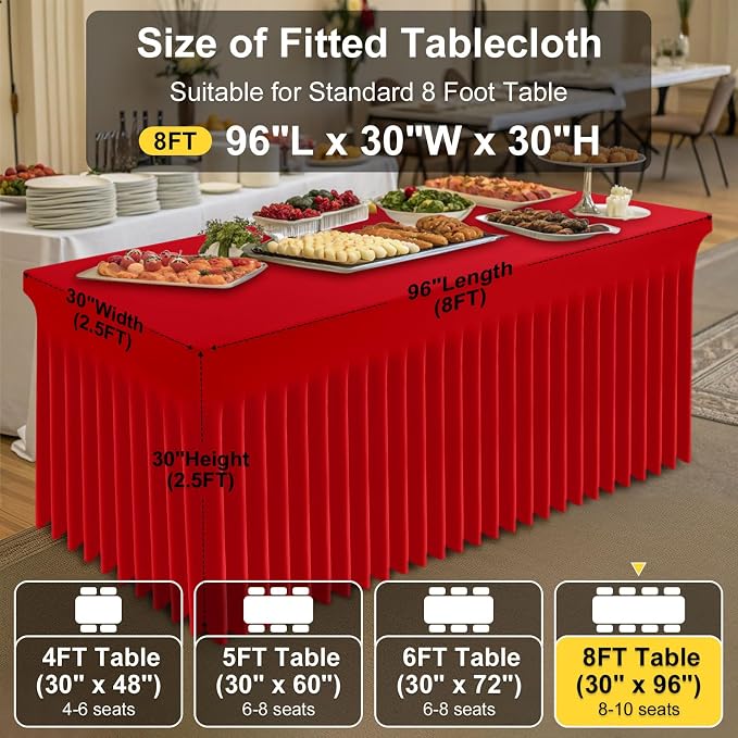 Smiry 2 Pack Spandex Elastic Fitted Table Cloth Skirt for 8FT Table | Stretch Washable Table Cloth, Banquet Table Cover for Wedding, Party, Indoor & Trade Shows, (Red, 96Lx30Wx30H)