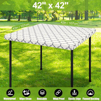 Smiry Picnic Fitted Table Cover, Square Flannel Backed Vinyl Tablecloth | Waterproof Elastic Stretch Table Cloth, Wipeable Plastic Tablecloth for Camping, Indoor & Outdoor (Beige, 42" x 42")