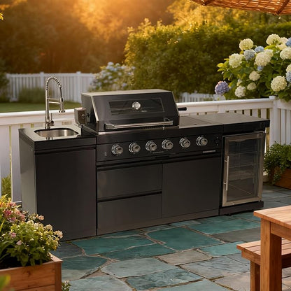85-Inch 4-Burner Propane Gas Outdoor Grill Island, 72000 BTU Stainless Steel BBQ with Wine Cooler, Stainless Steel Sink, Black Granite Countertops for Patio Backyard, Black