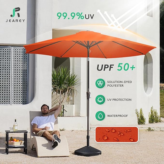 JEAREY Outdoor Patio Umbrella 9FT Outdoor Table Umbrella with Push Button Tilt and Crank, Market Umbrellas 8 Sturdy Ribs UV Protection Waterproof for Garden, Deck, Pool (Red Orange)
