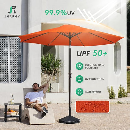 JEAREY Outdoor Patio Umbrella 9FT Outdoor Table Umbrella with Push Button Tilt and Crank, Market Umbrellas 8 Sturdy Ribs UV Protection Waterproof for Garden, Deck, Pool (Red Orange)
