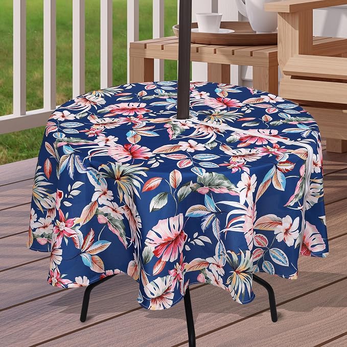 SUQ I OME Outdoor Patio Tablecloth with Umbrella Hole,Garden Tablecloth with Umbrella Hole and Zipper, for Host Backyard Parties, BBQs,Family Gatherings (Blue, 60inch,Zippered)