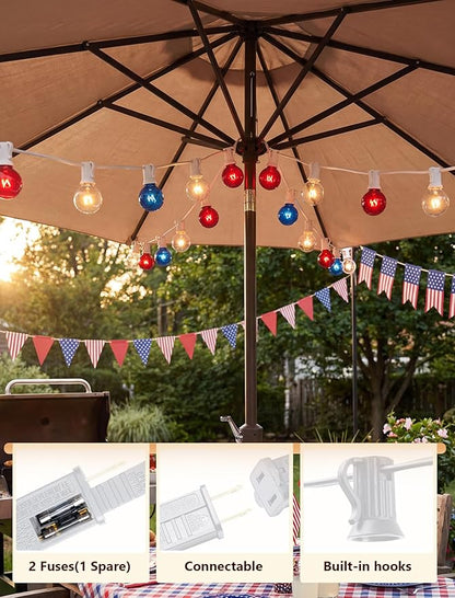 25FT G40 Red White and Blue Lights, 4th of July Outdoor String Lights with 27 Shatterproof G40 Bulbs(2 Spare), Independence Day for Patriotic Party Patio Garden Backyard Decor, 5W