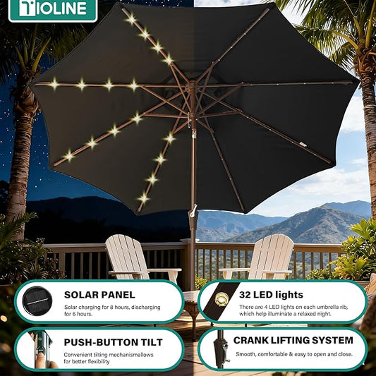 9FT Solar-Powered LED Patio Umbrella with Tilt Crank,Outdoor Market Umbrella with 32 Lights,Sunshade for Deck, Garden and Pool