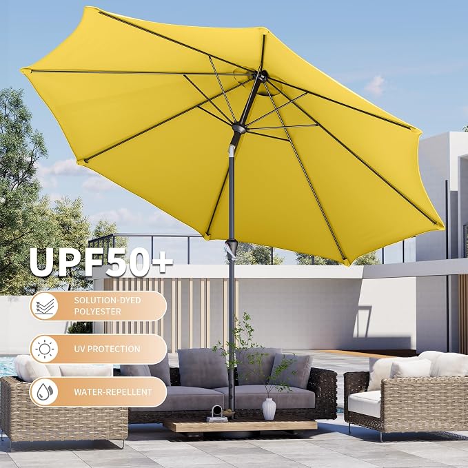 Kingdura 10FT Outdoor Patio Umbrella, Round Market Table Umbrella with Push‑Button Tilt and Crank Lift, 8 Sturdy Metal Ribs, UV50+ Protection Canopy for Backyard, Lawn, Deck, Poolside, Garden (Yellow)