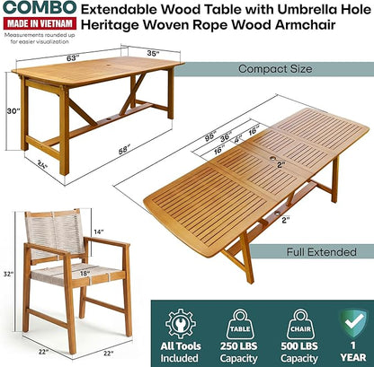 Acacia 7 Piece Outdoor Dining Set Extendable 63"-95" L Table with Umbrella Hole & 6 Handwoven Chairs - All-Weather Use, Easy Assembly Patio Furniture Set for Deck, Garden - Natural (Set for 6-8)