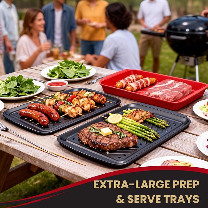 Grill Prep Trays Set of 2, Grill Tray for BBQ Meat Prep, Marinating & Serving, Large Melamine Grilling Prep and Serve Trays with Deep Raised Edges, Outdoor Grill Serving Tray, BPA Free