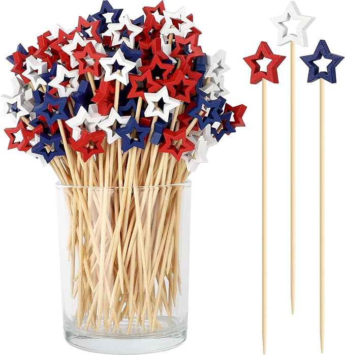 4th of July Cocktail Picks, Red White Blue Star Toothpicks for Appetizers Food Drinks, 4.7 IN Bamboo Fruit Skewers Charcuterie Sticks, Independence Memorial Day Patriotic Party Decorations Supplies