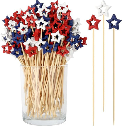 4th of July Cocktail Picks, Red White Blue Star Toothpicks for Appetizers Food Drinks, 4.7 IN Bamboo Fruit Skewers Charcuterie Sticks, Independence Memorial Day Patriotic Party Decorations Supplies