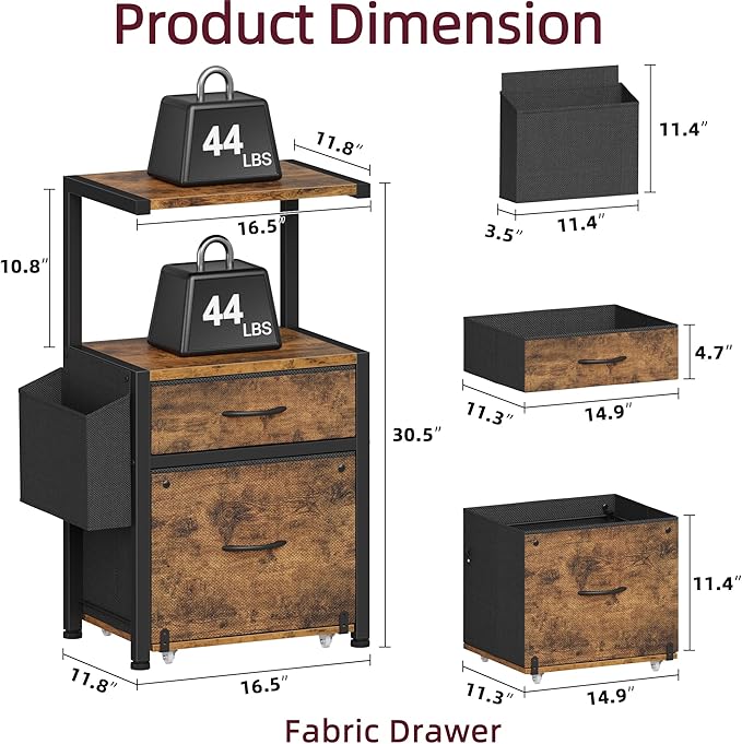 HIGDBFE Filing Cabinet with 2-Tier Printer Shelves, 2 Fabric Drawers File Cabinet with Reversible Side Bag&File Drawer, Printer Stand with Storage for Home Office, Rustic Brown, 16.5" W