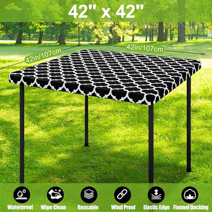 Smiry Picnic Fitted Table Cover, Square Flannel Backed Vinyl Tablecloth | Waterproof Elastic Stretch Table Cloth, Wipeable Plastic Tablecloth for Camping, Indoor & Outdoor (Black, 42" x 42")