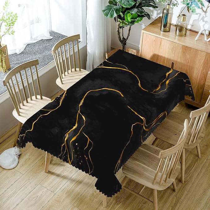 60x84inches Black Gold Marble Rectangle Tablecloth Luxury Marble Texture Gold Line Polyester Table Cover Waterproof Stain Resistant Table Cloth for Dinner Home Balcony Cafe Indoor Outdoor Use