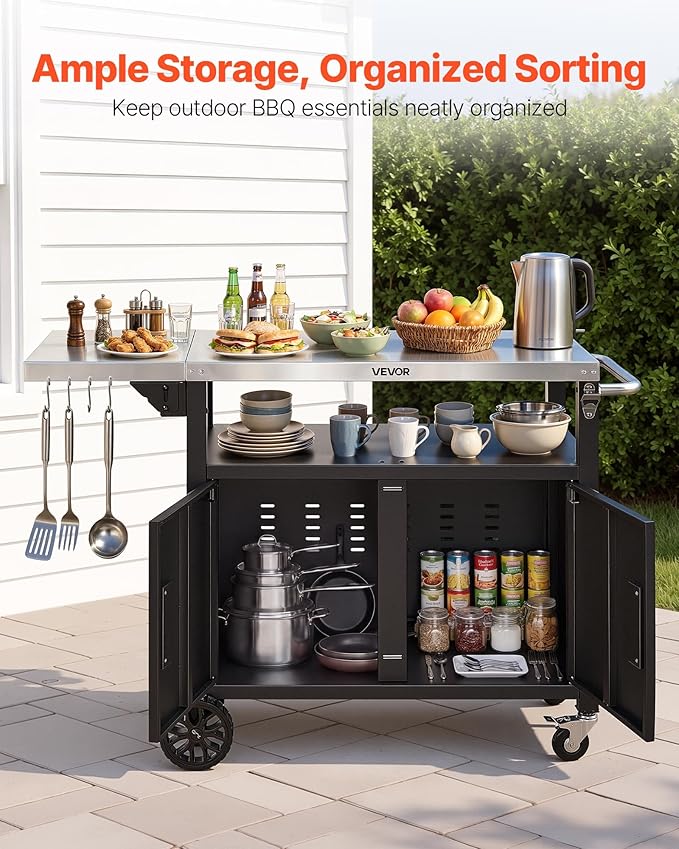 VEVOR Outdoor Grill Cart with Storage Cabinet, 48.9 Inch Grill Table, Waterproof Kitchen Island with Stainless Steel Top, Shelf, and Wheels, Movable Food Prep Station for Patio Bar Backyard BBQ