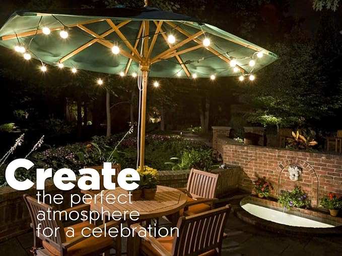Sunlitec Solar String Lights Waterproof LED Indoor/Outdoor Hanging Umbrella Lights with 30 Bulbs - 50 Ft Patio Light for Deckyard Tents Market Cafe Gazebo Porch Party Decor