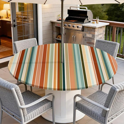 Outdoor Tablecloth with Umbrella Hole and Zipper Fits 53-60" Tables | Waterproof Round Fitted Tablecloth with Elastic Edge, Wipeable Outdoor Table Cover for Patio, Garden, Picnic