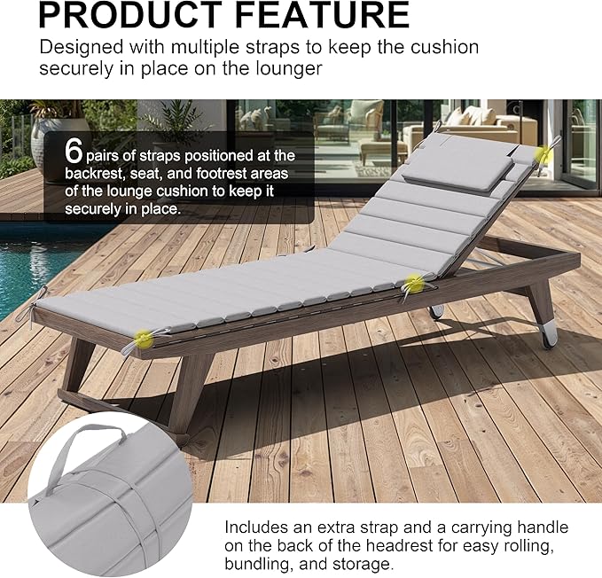Crestlive Products Chaise Lounge Cushion Outdoor Set of 2, Foldable Waterproof Pool Lounge Chair Cushions with Straps, Lounger Cushions for Outdoor Furniture， 80''Lx26''W (Light Gray)