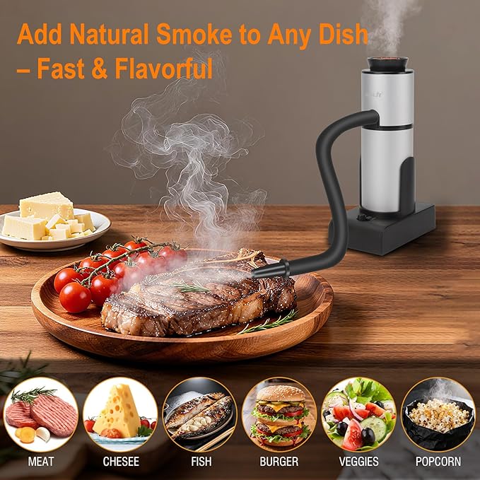 BORUIT Smoking Gun Cocktail & Food Smoker Kit, 2-Speed Cold Smoke Infuser for Cocktails, Whiskey, Meat, BBQ, Cheese – Includes Wood Chips & Accessories, Ideal Gift for Foodies – Silver