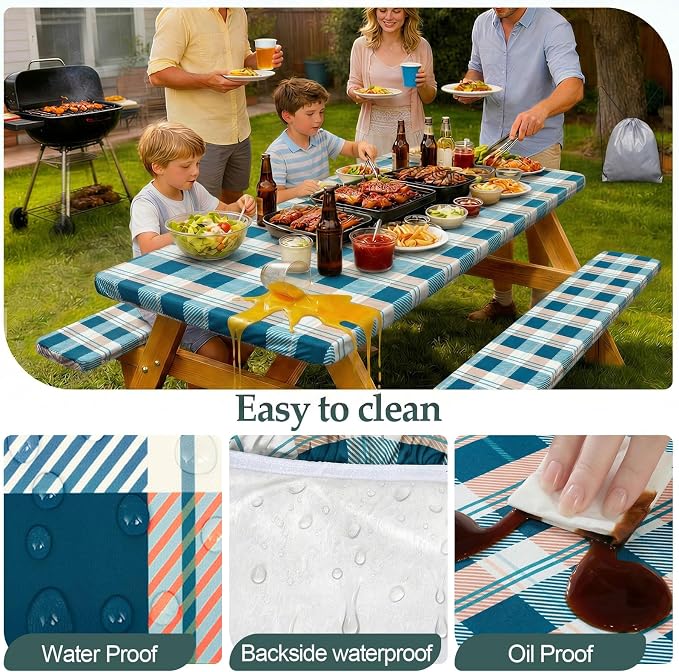 Picnic Table Cover Bench Covers Camping Essentials Tablecloth | Waterproof Vinyl for Outdoor, Windproof Elastic Fitted Edges, RV BBQ Accessories Must Haves, Storage Bag Included