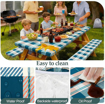 Picnic Table Cover Bench Covers Camping Essentials Tablecloth | Waterproof Vinyl for Outdoor, Windproof Elastic Fitted Edges, RV BBQ Accessories Must Haves, Storage Bag Included