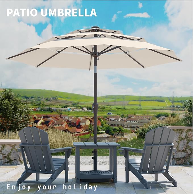 9FT 3 Tiers Patio Umbrella With Auto Tilt And Crank, Outdoor Table Market Umbrella with 8 Sturdy Ribs for Garden, Lawn, Deck, Backyard and Pool