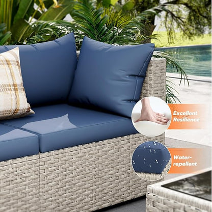 UDPATIO Patio Furniture Set with Fire Pit Table, 8 Pcs Outdoor Sectional Sofa, PE Wicker Patio Conversation Set for Garden, Backyard (Blue Cushions with Light Grey Rattan)