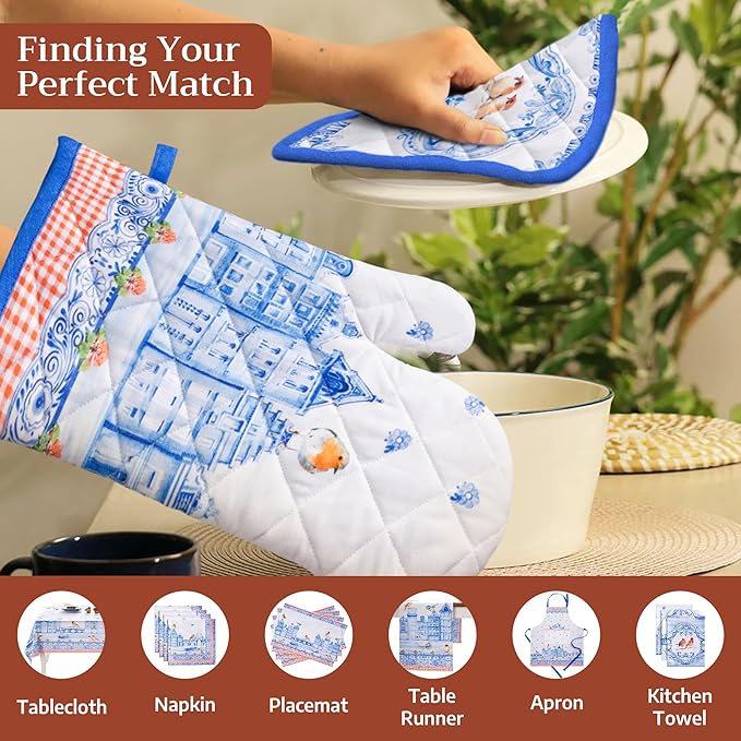 Maison d'Hermine Oven Gloves 100% Cotton Oven Mitt 7" x 13" with Loop Heat Resistant BBQ Cooking Gloves Baking Grilling Kitchen Hotel Home Farmhouse Spring Summer (Pack of 1, Amsterdam Canals)