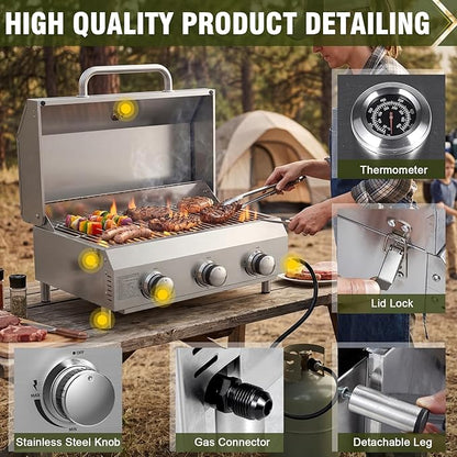 Bestfire 3-Burner Tabletop Gas Grill, 30,000 BTU Portable Propane Grill, Heavy-Duty Thickened Stainless Steel Grates, Stainless Steel Knobs, Compact & Detachable Legs for Camping, RV&BBQ