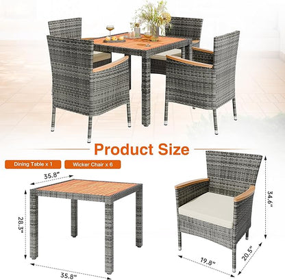Shintenchi 5 PCS Patio Dining Set, Wicker Patio Conversation Set with Wooden Table Top, Outdoor Table and Chairs with Soft Cushions for Backyard, Deck and Garden, Grey Rattan