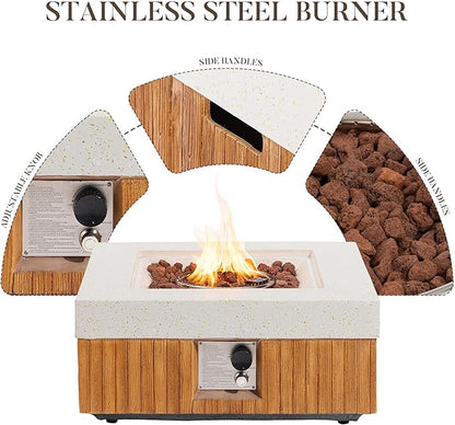 COSIEST 28" Outdoor Propane Fire Pit Table, Small Square Gas Fire Pit Table with Concrete & Log Wood Grain Design, 50000BTU Fire Tables for Patio, Backyard, Garden Heating