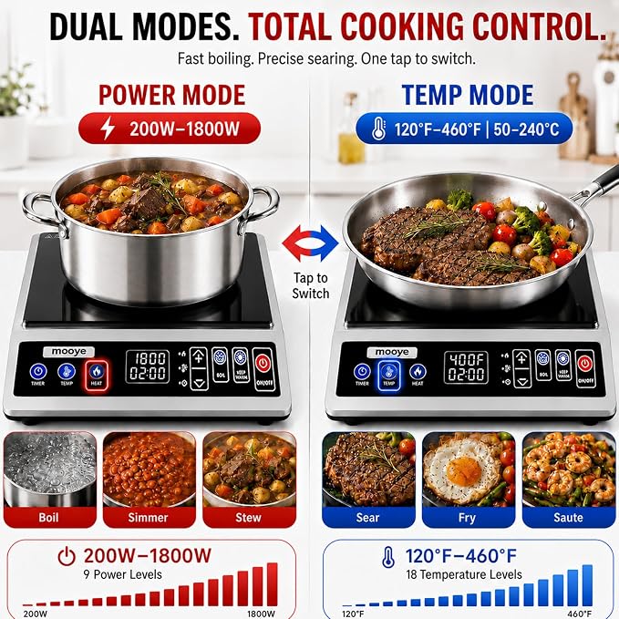 Induction Cooktop Portable Induction Burner Countertop One-Touch Max Power 1800W, 12-Hour Timer Precise Temperature Control Stainless Steel Hot Plate Low-Noise Electric Cooktop for Home-Regular
