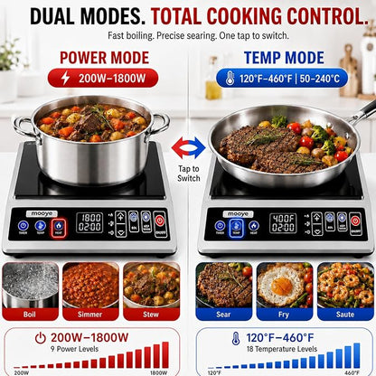 Induction Cooktop Portable Induction Burner Countertop One-Touch Max Power 1800W, 12-Hour Timer Precise Temperature Control Stainless Steel Hot Plate Low-Noise Electric Cooktop for Home-Regular