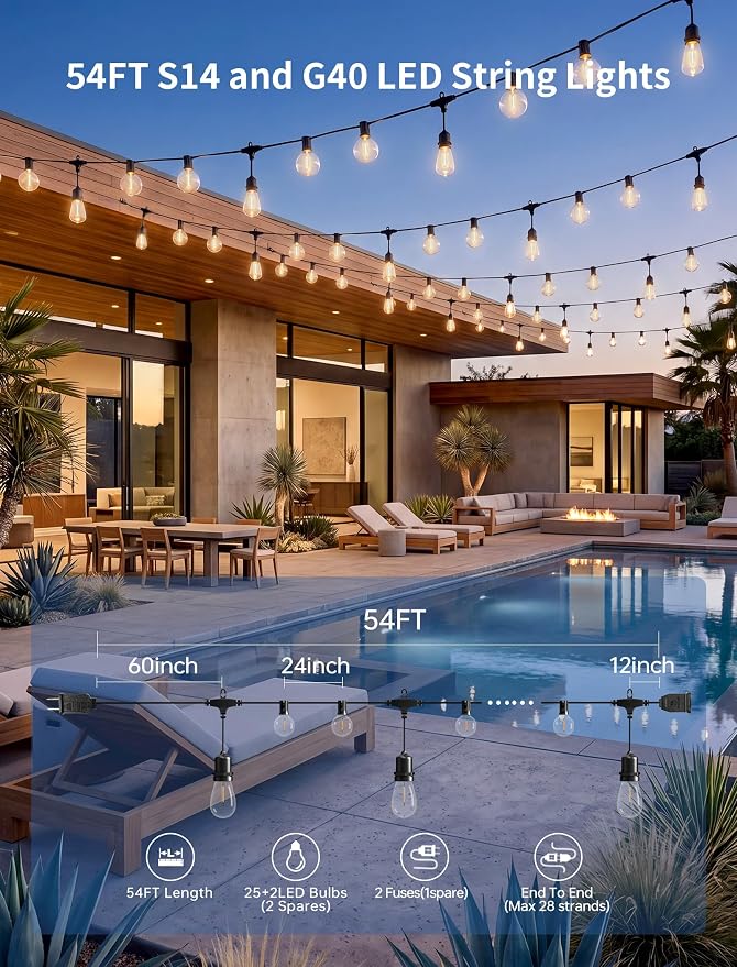 54Ft LED Outdoor String Lights with 25 S14 G40 Waterproof Bulbs Dimmable | Connectable Plug in Outside Hanging Lights for Indoor and Outdoor, Backyard, Bistro, Porch,Cafe,Deck,Garden,Warm White 2700K