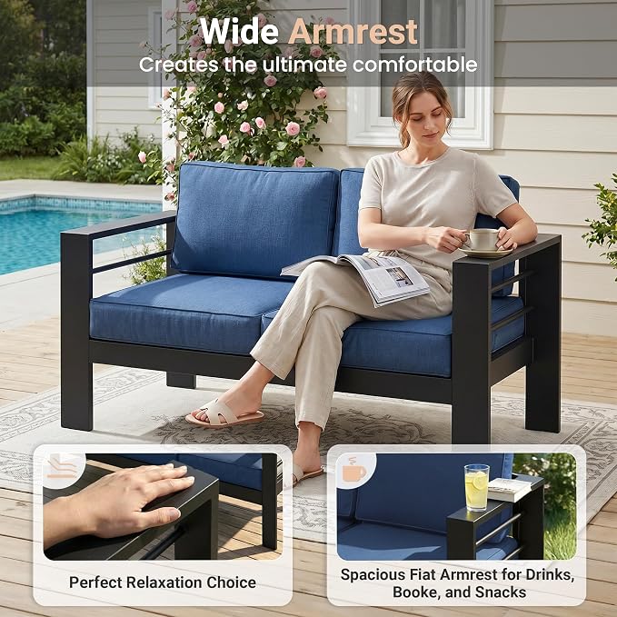 Solaste Patio Furniture Metal Armchair, 2 PCS All-Weather Aluminum Garden Outdoor Contemporary Sofa Chair with Cushions, Blue