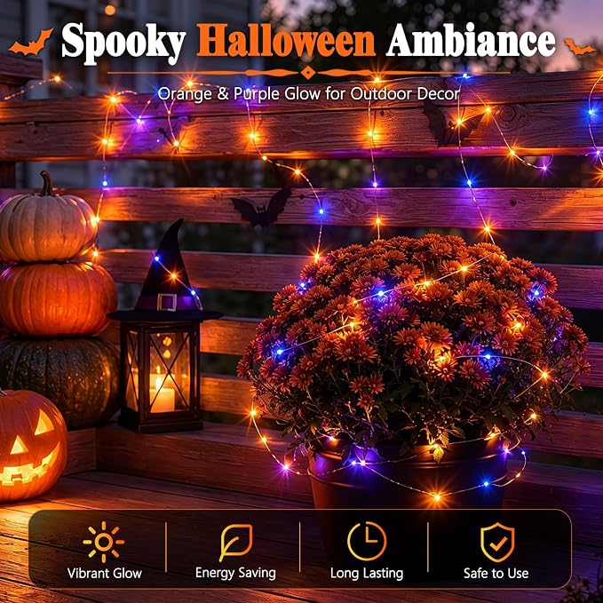 cshare Halloween Solar String Lights Outdoor, Orange Purple Solar Fairy Lights 2 Pack 16.4FT 50 LED Each, 8 Modes Waterproof Black Wire Fairy Lights for Yard Porch Fence Tree Bushes Decor