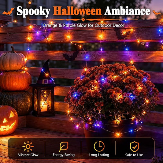 cshare Halloween Solar String Lights Outdoor, Orange Purple Solar Fairy Lights 2 Pack 16.4FT 50 LED Each, 8 Modes Waterproof Black Wire Fairy Lights for Yard Porch Fence Tree Bushes Decor
