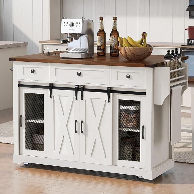 Merax Farmhouse 58" Kitchen Island on 5 Wheels with Drop Leaf Table, White | Wood Kitchen Rolling Cart with Power Outlet & Glass Holders, Spice Rack & Sliding Barn Door, 3 Drawers & Cabinet