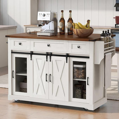 Bellemave 58" Farmhouse Kitchen Island cart with Charging Station and with Storage, Sliding Barn Door & Metal Grid Side Door, Rolling Kitchen Island Table with 5 Wheels with Spice Rack, White