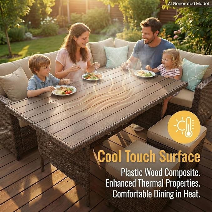 Wisteria Lane 7 Piece Patio Furniture Set, Patio Sectional for All Weather | Wide Armrest Outdoor Furniture Dining Set, Wicker Patio Sofa, Patio Conversation Sets with Ottoman for Porch, Light Brown