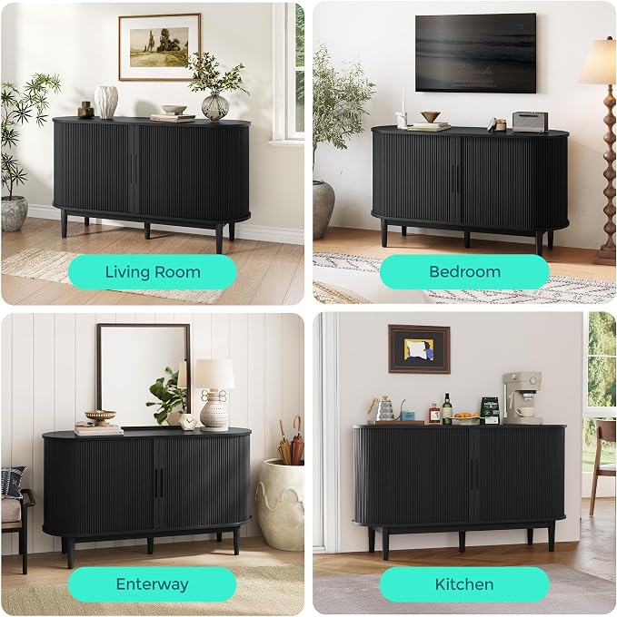 LINSY HOME 55" Sideboard Buffet Cabinet,Tambour Sliding Doors & Drawer | Black Fluted Coffee Bar Cabinet with Large Storage, Mid Century Modern Wood Storage Buffet Table for Kitchen, Living Room