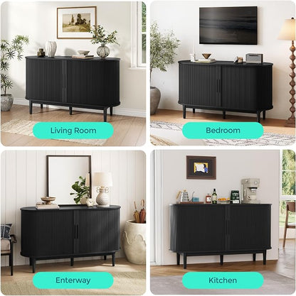 LINSY HOME 55" Sideboard Buffet Cabinet,Tambour Sliding Doors & Drawer | Black Fluted Coffee Bar Cabinet with Large Storage, Mid Century Modern Wood Storage Buffet Table for Kitchen, Living Room