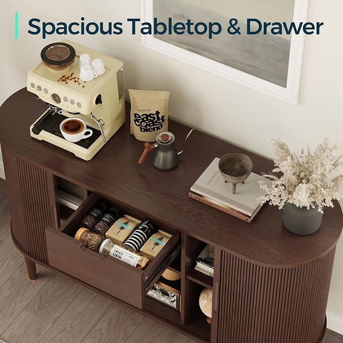 LINSY HOME 55" Sideboard Buffet Cabinet,Tambour Sliding Doors & Drawer | Vintage Walnut Fluted Coffee Bar Cabinet with Storage, Mid Century Modern Wood Storage Buffet Table for Kitchen, Living Room