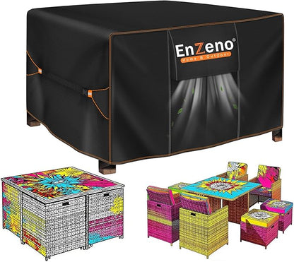 Enzeno Patio Furniture Set Cover Waterproof, Square Outdoor Table and Chair Set Covers, Heavy Duty Outside Weatherproof Garden Rattan Set Covers for Protection 49" L x 49" W x 28" H Black