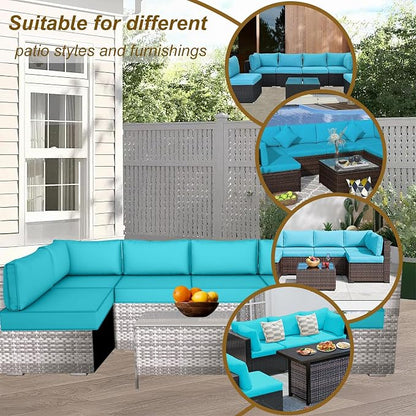 14 Piece Outdoor Patio Cushion Cover Replacement, Waterproof Patio Cushion Covers, Outdoor Furniture Cushion Covers Set for 6 Seat Wicker Rattan Sofa (Blue)